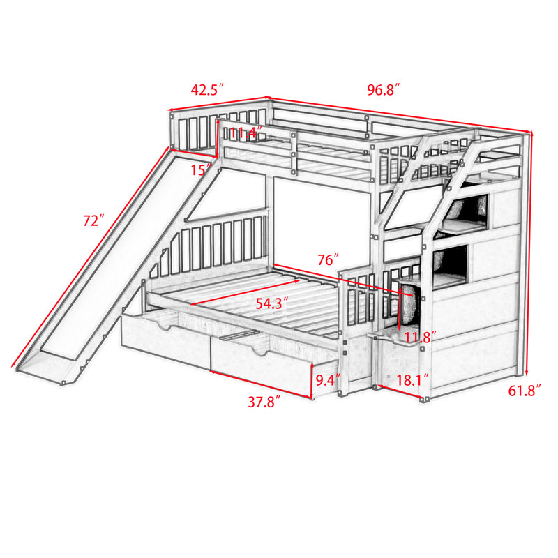 Harriet Bee Ezriel Twin Over Full 2 Drawer Standard Bunk Bed with Slide